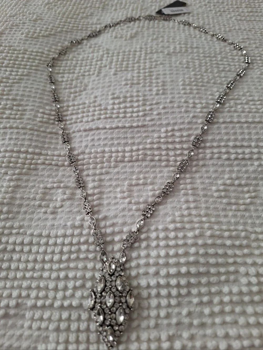 NWT J Crew Navette Rhinestone Long Necklace With Pendant Silvertone